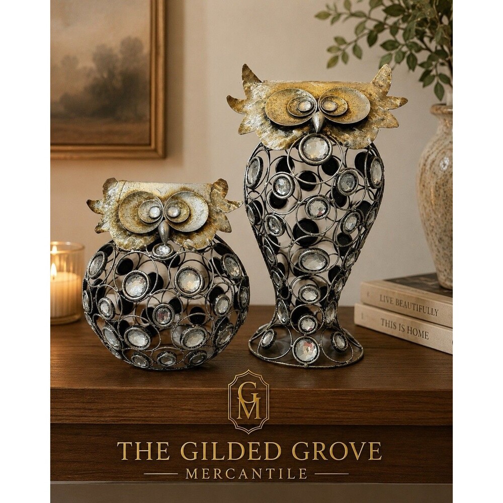 Set of 2 Metal Owl Sculptures Rhinestone Crystal Decor Silver Gold 15” 11”